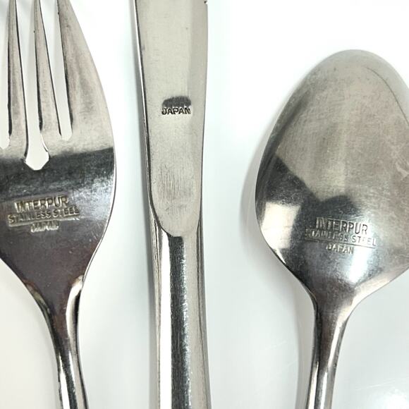 Vtg 3pc Flatware INTERPUR INR2 Japan Stainless Steel Brown Faux Wood Scroll MCM - Picture 5 of 14